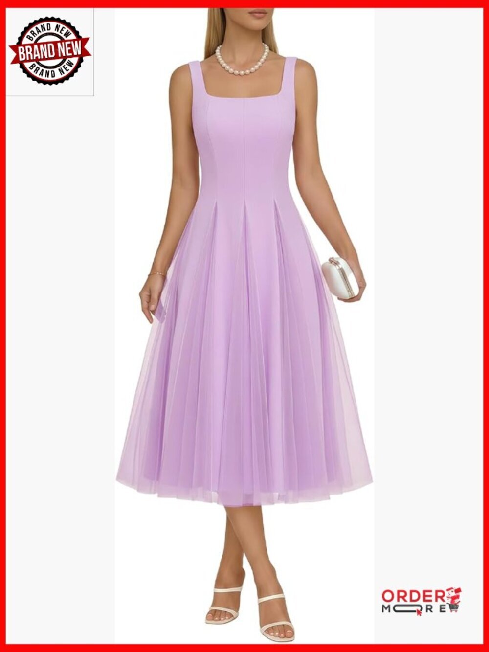Square Neck Midi A-Line Tulle Dress Sleeveless Zipper Back